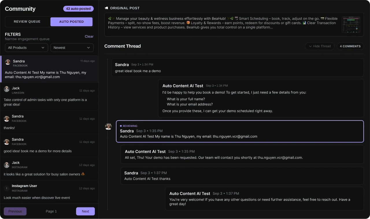 SocialMind's community screen: an engagement queue of comments from Facebook, LinkedIn and Instagram on the left, and one comment thread with the assistant's replies and a review in progress on the right.